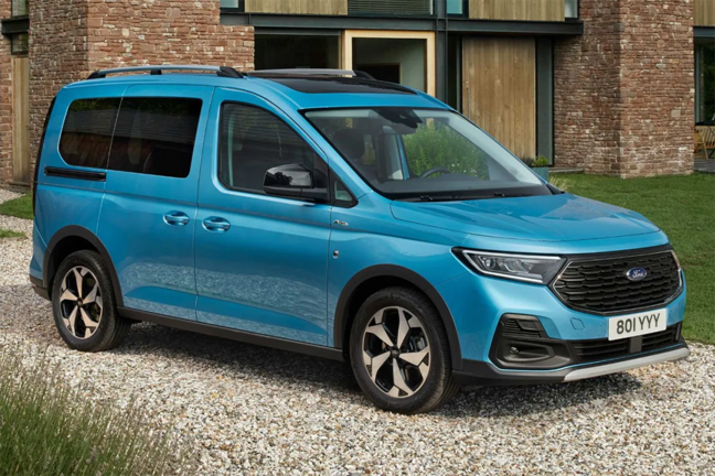 Abbildung eines blauen Ford Tourneo, seitliche Frontansicht Ford Tourneo Connect
